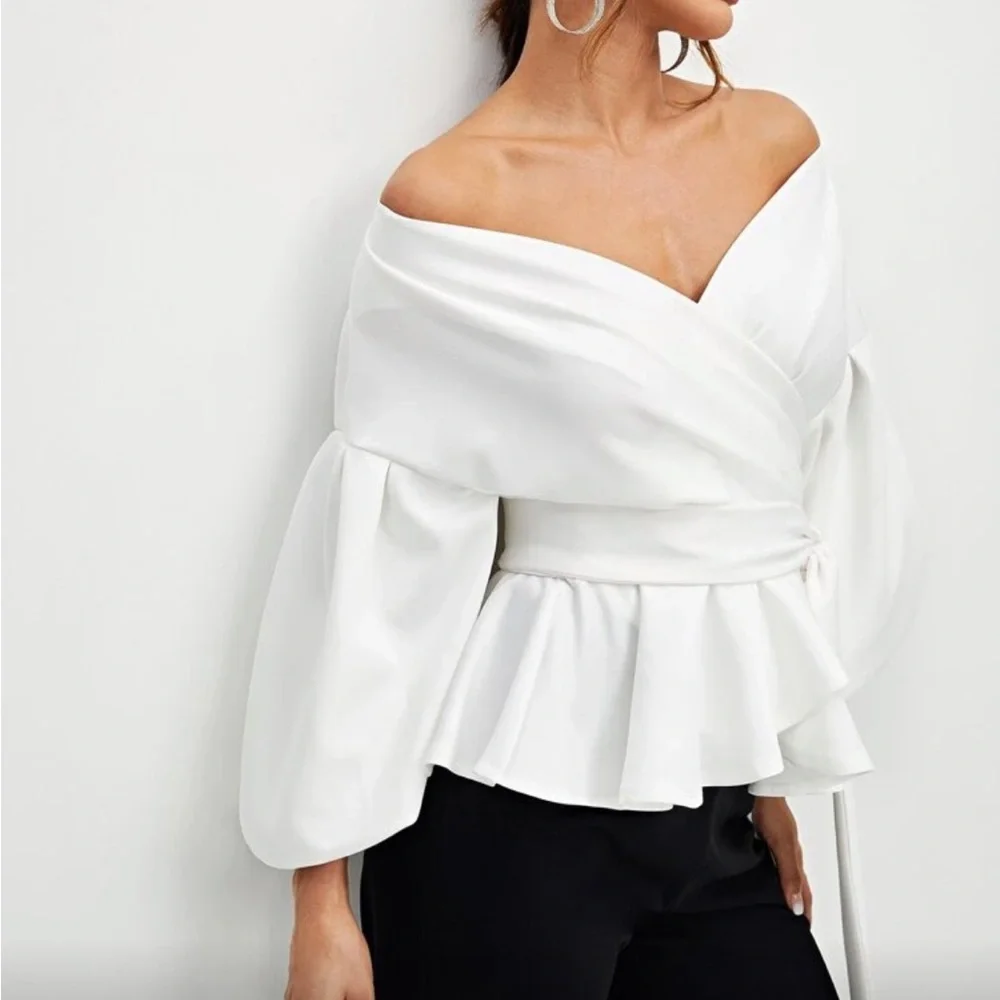 Elegant White Wrap Open Front Blouse Top Shirt - Picture 4 of 8